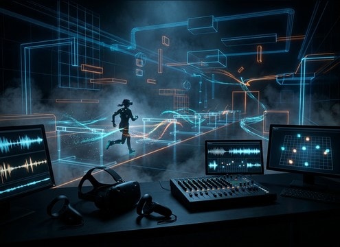 VR obstacle course scene with spatial running footsteps
