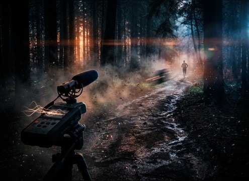 Outdoor runner entering frame with layered distant and close footsteps