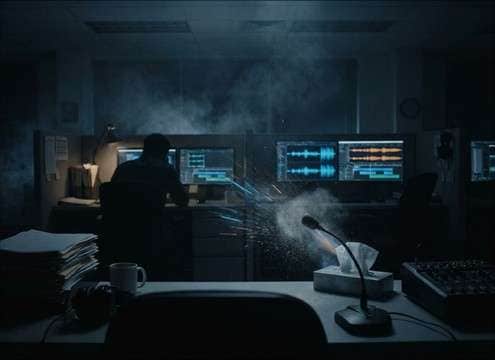 Quiet office scene featuring a suppressed sneeze sound