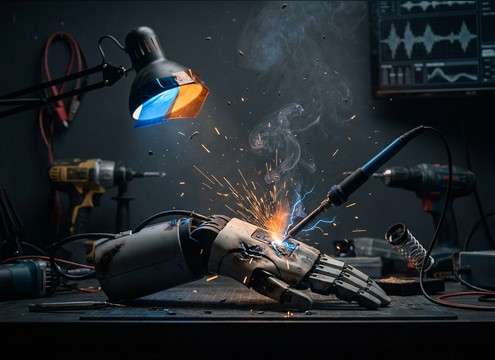 Robot repair spark zap sound effect in workshop