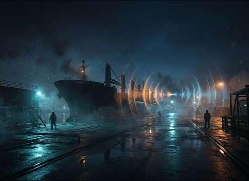 Distant air horn sound effect for marina or boat scene