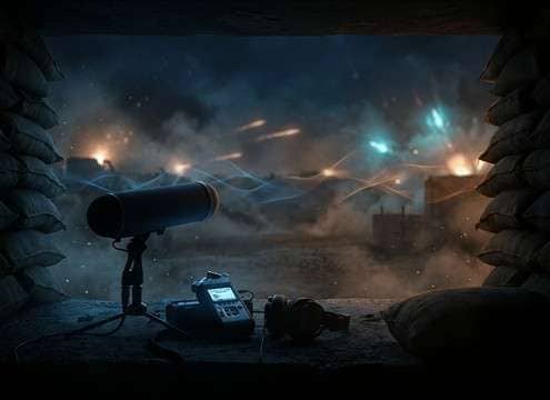 Distant AK47 gunfire bed behind radio dialogue