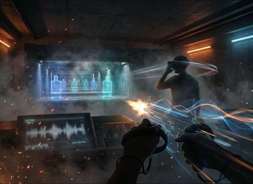 VR range scene with perspective-matched AK47 shots