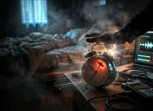 Comedic oversleep scene with loud alarm and snooze click