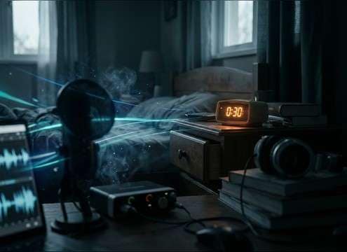 Audio drama bedroom scene with realistic alarm clock ambience