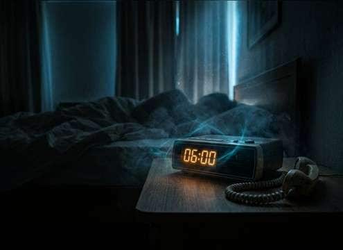 Hotel room scene using clock radio alarm sound