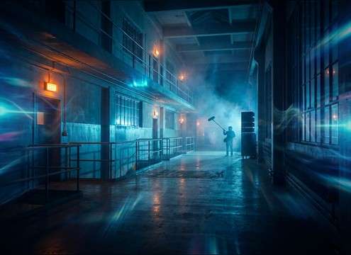 Building corridor scene with an emergency alarm sound cue