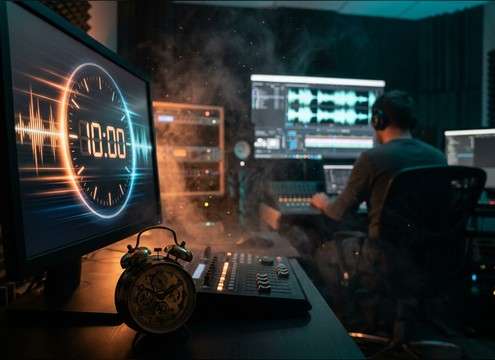 Close-up of an alarm clock with a ringing sound effect cue