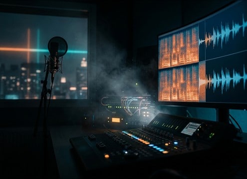 Editor adding interior room tone ambience under dialogue