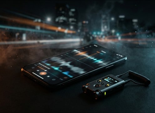 Mobile app scene with subtle background ambience under voice
