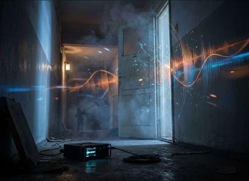 Muffled angry cat sound in a hallway setting