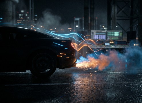Close shot of driver starting a car with synced ignition sound