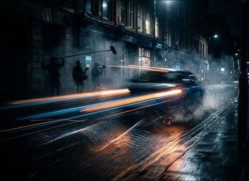 Car passing the camera on a city street for a transition cut