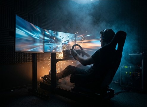 Driving simulator HUD with triggered skid and pass-by sounds