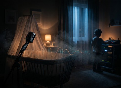 Baby cry SFX placed under dialogue in an audio drama nursery scene