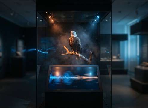 Museum nature exhibit kiosk with ambient audio and eagle call cues