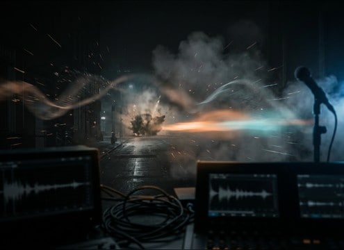 Off-screen bang sound implying distant action outside