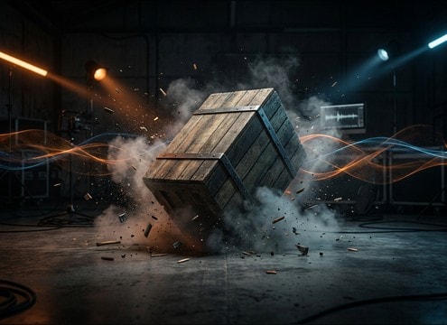 Theater prop drop timed with a gritty bang and debris