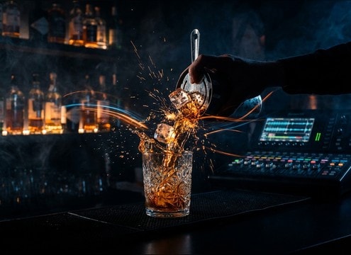 Close bartender pour and glass set-down foley