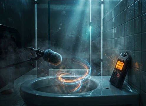 Toilet bowl barf sound effect with bathroom reflections