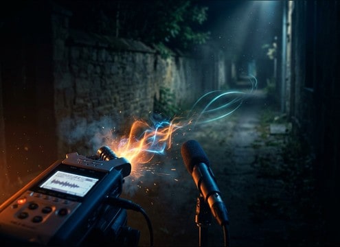 Barking sound effect supporting off-screen action in an audio drama