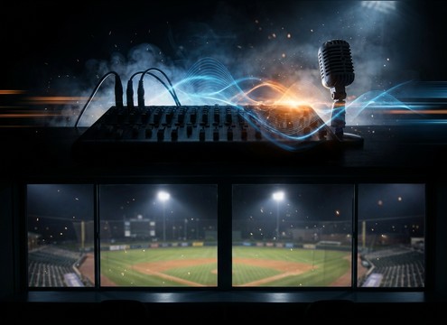 Stadium ambience under a baseball play-by-play segment