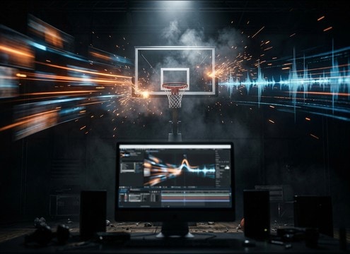 Basketball highlight reel timeline with swish and rim hit sound effects