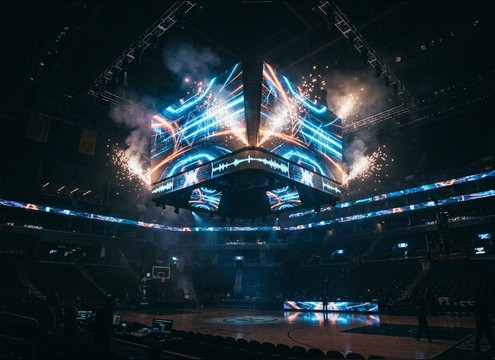 Stadium jumbotron animation with punchy basketball bounce stinger