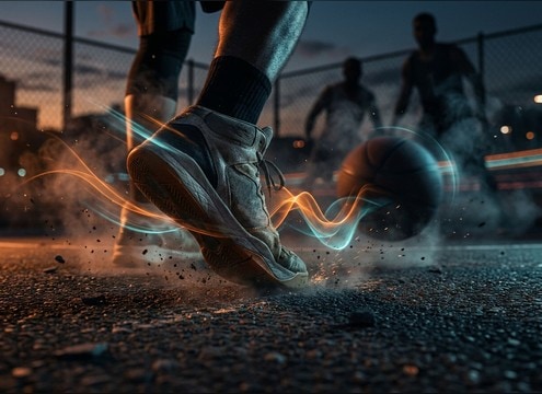 Outdoor streetball court scene with distant bounce sound effects