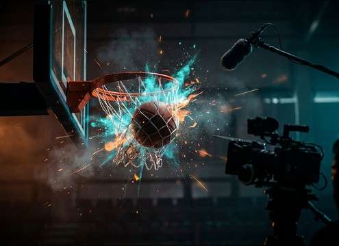 Basketball highlight reel timeline with swish sound effect on the shot make