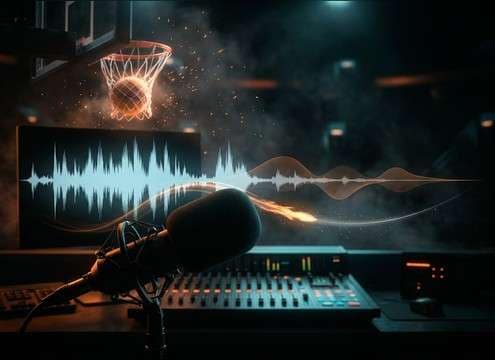 Broadcast mix with announcer voice and a distant gym swish layer