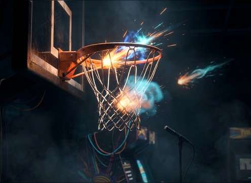 Arcade-style basketball game showing scoring feedback swish sounds