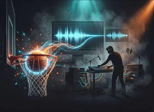 Animated basketball shot with exaggerated net swish sound