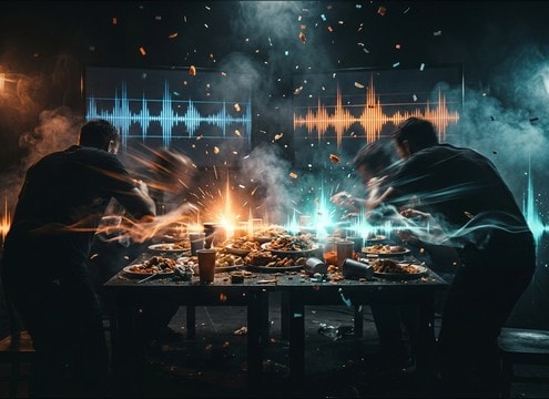 Fast-cut eating contest montage with timed belch sound cues