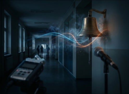 School bell ringing in hallway scene