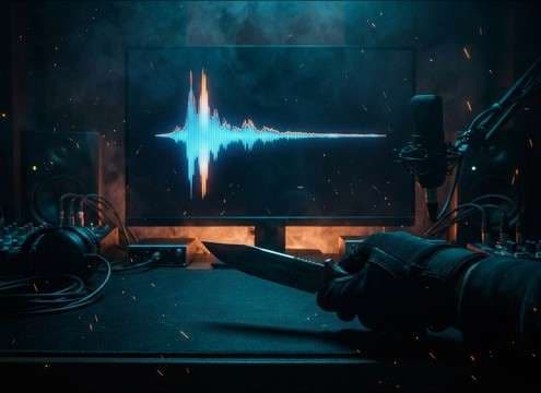 Blood splatter SFX synced to a horror close-up edit