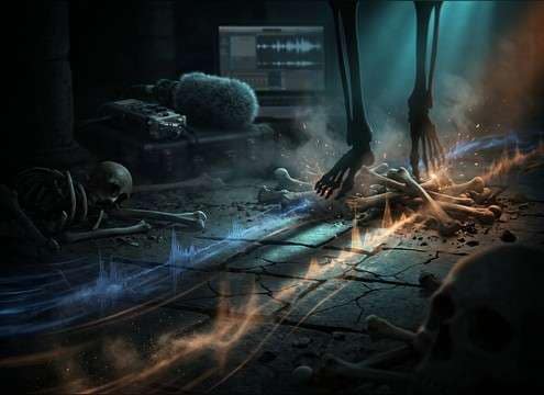 Animated skeleton walking with bone clack foley