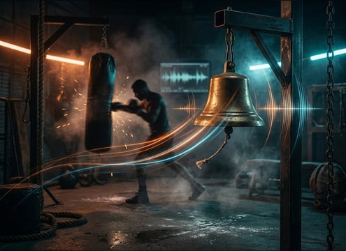 Boxing gym training montage with an interval bell cue