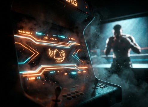 Arcade boxing game UI showing round start with bell sound