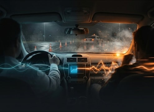 Driving lesson video using gentle brake hiss and stop sounds
