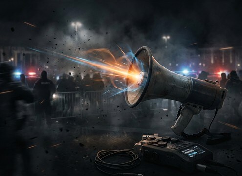 Bullhorn sound effect for crowd control cue in a street scene