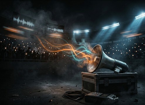 Bullhorn SFX layered over stadium crowd ambience