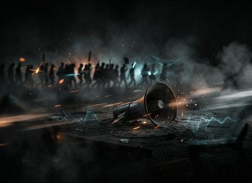Distant bullhorn sound effect in a protest march scene