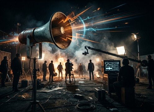 Bullhorn sound effect timed to action cues on a film set