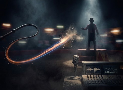 Ringmaster bullwhip cue sound with swish and crack