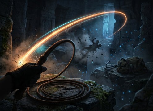 Adventure whip weapon sound synced to an action beat