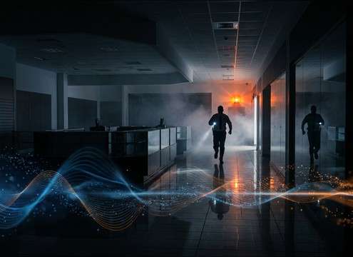 Security guard running in a corridor with distant alarm audio