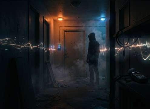 Apartment hallway scene with narrow stereo alarm sound