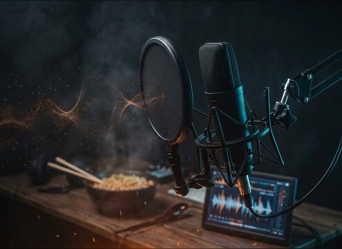 Food skit creator syncing a close-mic burp to camera framing