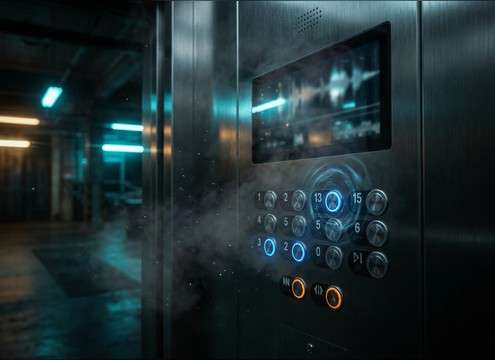 Elevator panel button click sound in a hallway setting